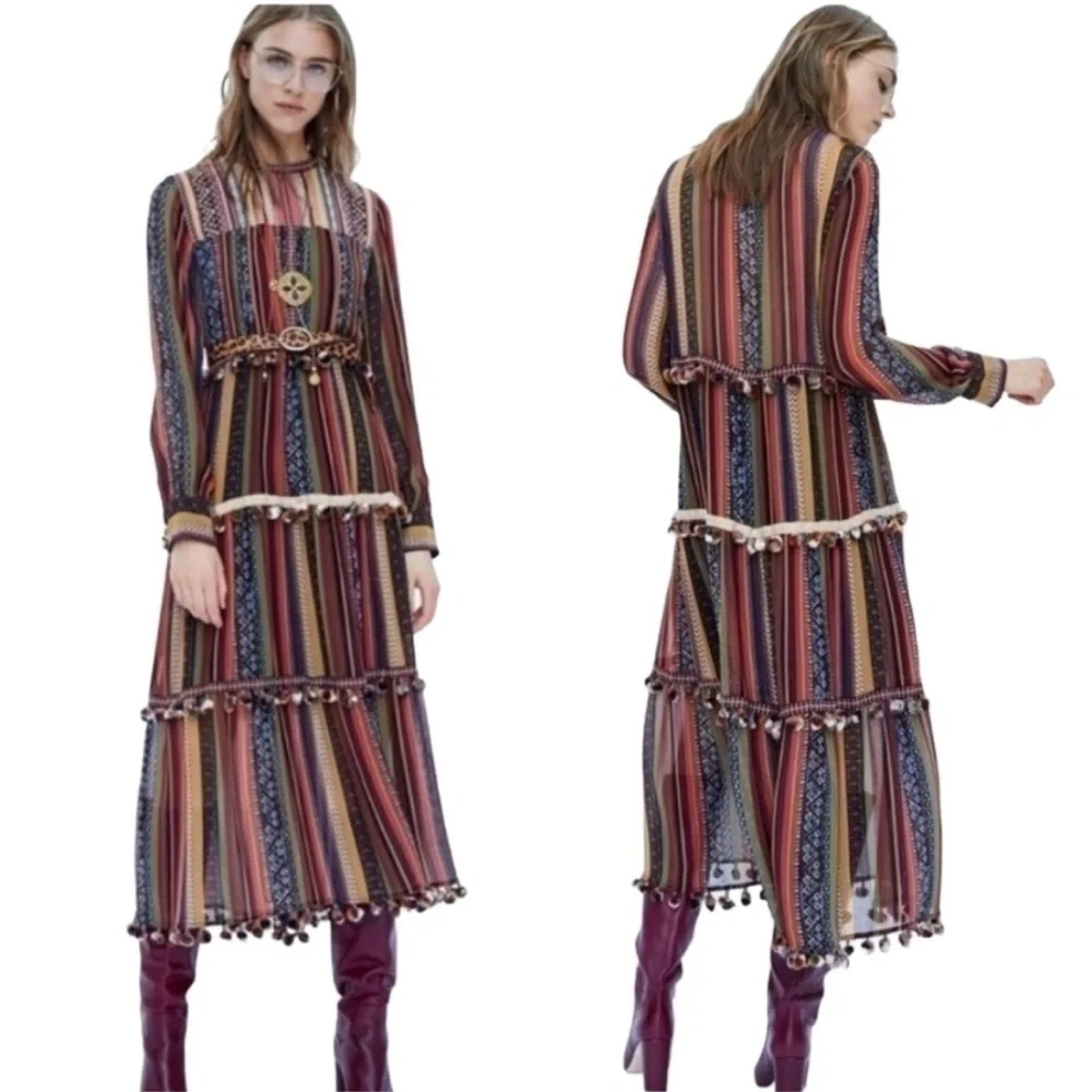 Zara Multicolor Pom Pom Trim Tiered Boho Maxi Dress Size Medium - Picture 2 of 16